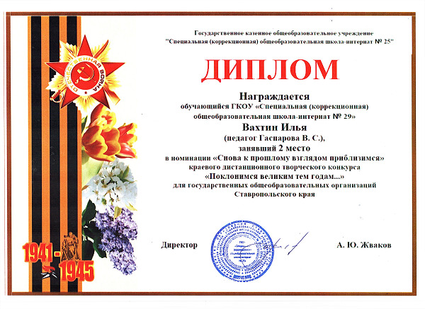 Вахтин Илья  Диплом 2 место в номинации Снова к прошлому взглядом приблизимся.